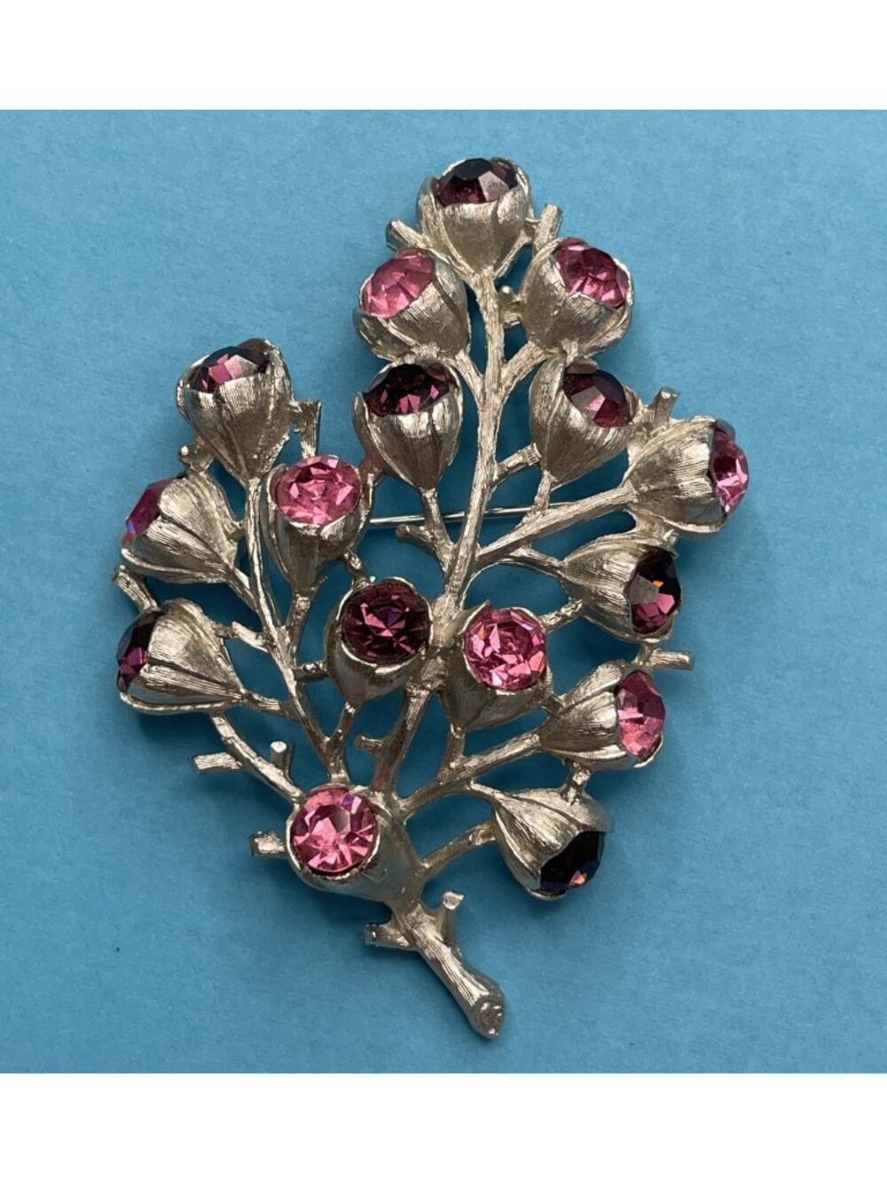 Vtg Sarah Coventry Wisteria Brooch Silver-Tone Pink Purple Rhinestone Floral Pin